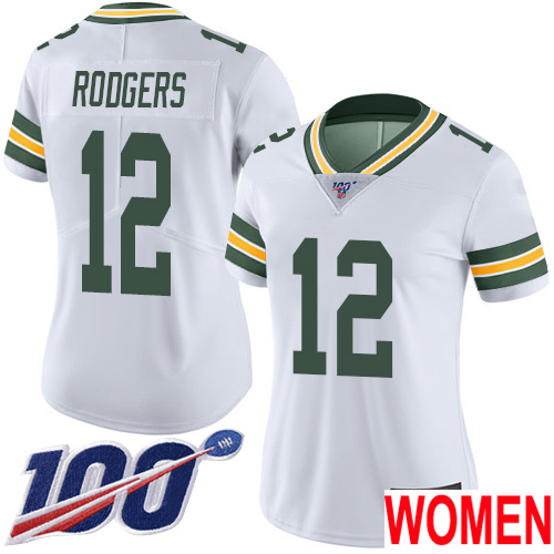 Green Bay Packers Limited White Women #12 Rodgers Aaron Road Jersey Nike NFL 100th Season Vapor Untouchable->nfl t-shirts->Sports Accessory